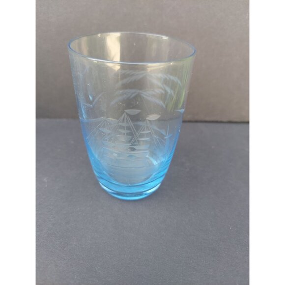 6 Elegant Etch Clipper Ship Blue Juice Glasses - Picture 3 of 6